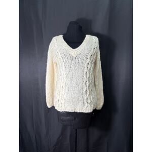 Vintage V Neck Cable Knit Cream Lightweight Sweater Filor Knits Made in Italy